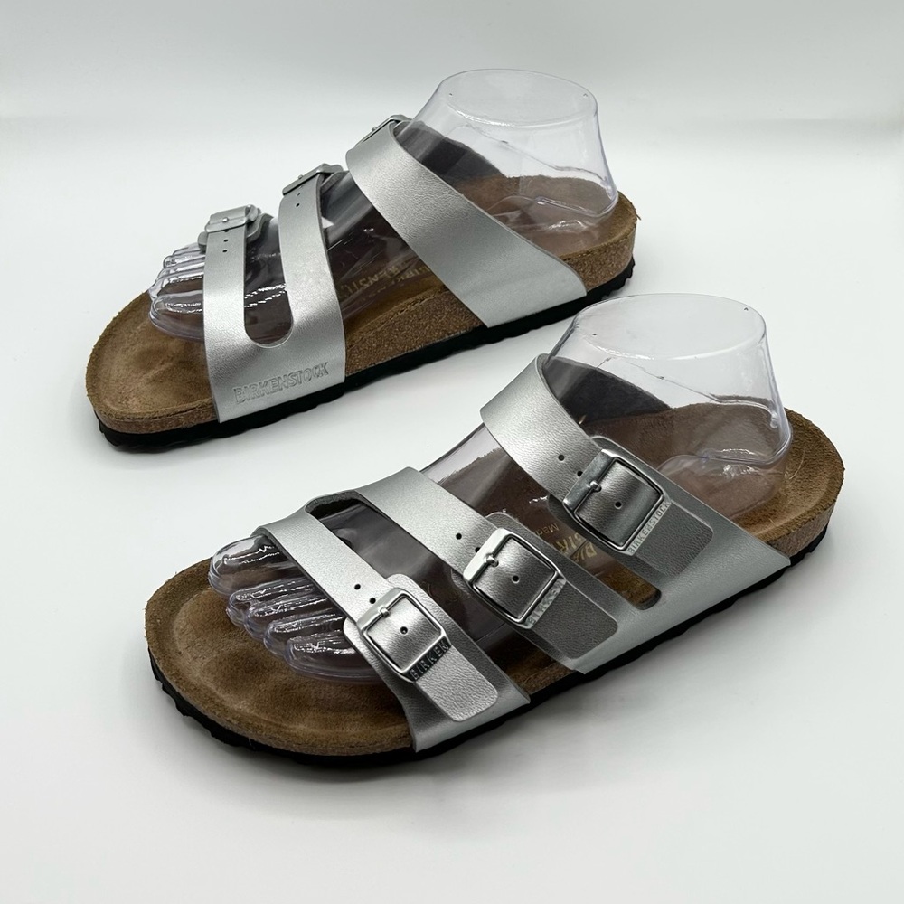Birkenstock Silver Metallic Strappy Leather Sandals Flats Comfort Women’s Size 8